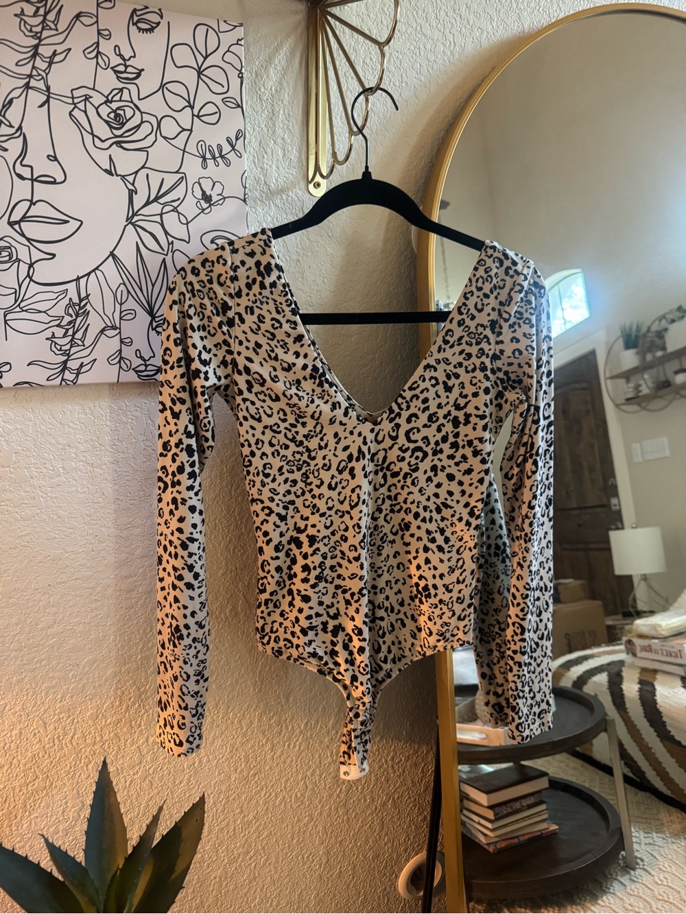 Lulu's Beige and Black Leopard Print V-Neck Long Sleeve Bodysuit
